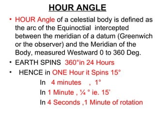 HOUR ANGLE
• HOUR Angle of a celestial body is defined as
the arc of the Equinoctial intercepted
between the meridian of a datum (Greenwich
or the observer) and the Meridian of the
Body, measured Westward 0 to 360 Deg.
• EARTH SPINS 360°in 24 Hours
• HENCE in ONE Hour it Spins 15°
In 4 minutes , 1°
In 1 Minute , ¼ ° ie. 15’
In 4 Seconds ,1 Minute of rotation
 