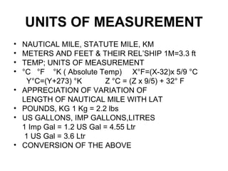 UNITS OF MEASUREMENT
• NAUTICAL MILE, STATUTE MILE, KM
• METERS AND FEET & THEIR REL’SHIP 1M=3.3 ft
• TEMP; UNITS OF MEASUREMENT
• °C °F °K ( Absolute Temp) X°F=(X-32)x 5/9 °C
Y°C=(Y+273) °K Z °C = (Z x 9/5) + 32° F
• APPRECIATION OF VARIATION OF
LENGTH OF NAUTICAL MILE WITH LAT
• POUNDS, KG 1 Kg = 2.2 lbs
• US GALLONS, IMP GALLONS,LITRES
1 Imp Gal = 1.2 US Gal = 4.55 Ltr
1 US Gal = 3.6 Ltr
• CONVERSION OF THE ABOVE
 