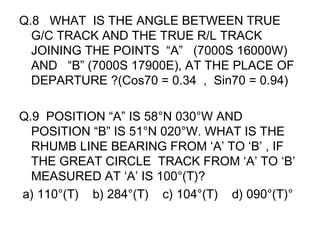 Q.8 WHAT IS THE ANGLE BETWEEN TRUE
G/C TRACK AND THE TRUE R/L TRACK
JOINING THE POINTS “A” (7000S 16000W)
AND “B” (7000S 17900E), AT THE PLACE OF
DEPARTURE ?(Cos70 = 0.34 , Sin70 = 0.94)
Q.9 POSITION “A” IS 58°N 030°W AND
POSITION “B” IS 51°N 020°W. WHAT IS THE
RHUMB LINE BEARING FROM ‘A’ TO ‘B’ , IF
THE GREAT CIRCLE TRACK FROM ‘A’ TO ‘B’
MEASURED AT ‘A’ IS 100°(T)?
a) 110°(T) b) 284°(T) c) 104°(T) d) 090°(T)°
 