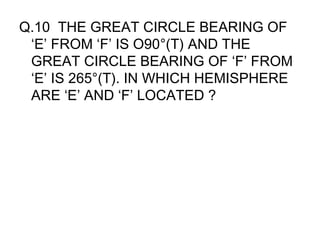 Q.10 THE GREAT CIRCLE BEARING OF
‘E’ FROM ‘F’ IS O90°(T) AND THE
GREAT CIRCLE BEARING OF ‘F’ FROM
‘E’ IS 265°(T). IN WHICH HEMISPHERE
ARE ‘E’ AND ‘F’ LOCATED ?
 
