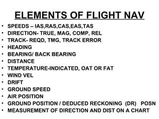 ELEMENTS OF FLIGHT NAV
• SPEEDS – IAS,RAS,CAS,EAS,TAS
• DIRECTION- TRUE, MAG, COMP, REL
• TRACK- REQD, TMG, TRACK ERROR
• HEADING
• BEARING/ BACK BEARING
• DISTANCE
• TEMPERATURE-INDICATED, OAT OR FAT
• WIND VEL
• DRIFT
• GROUND SPEED
• AIR POSITION
• GROUND POSITION / DEDUCED RECKONING (DR) POSN
• MEASUREMENT OF DIRECTION AND DIST ON A CHART
 