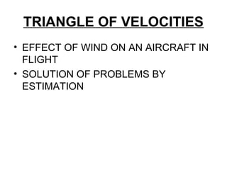 TRIANGLE OF VELOCITIES
• EFFECT OF WIND ON AN AIRCRAFT IN
FLIGHT
• SOLUTION OF PROBLEMS BY
ESTIMATION
 