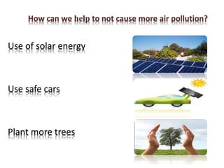 Use of solar energy
Use safe cars
Plant more trees
 