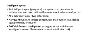 Intelligent agent:
• An intelligent agent (programs) is a system that perceives its
environment and takes actions that max...