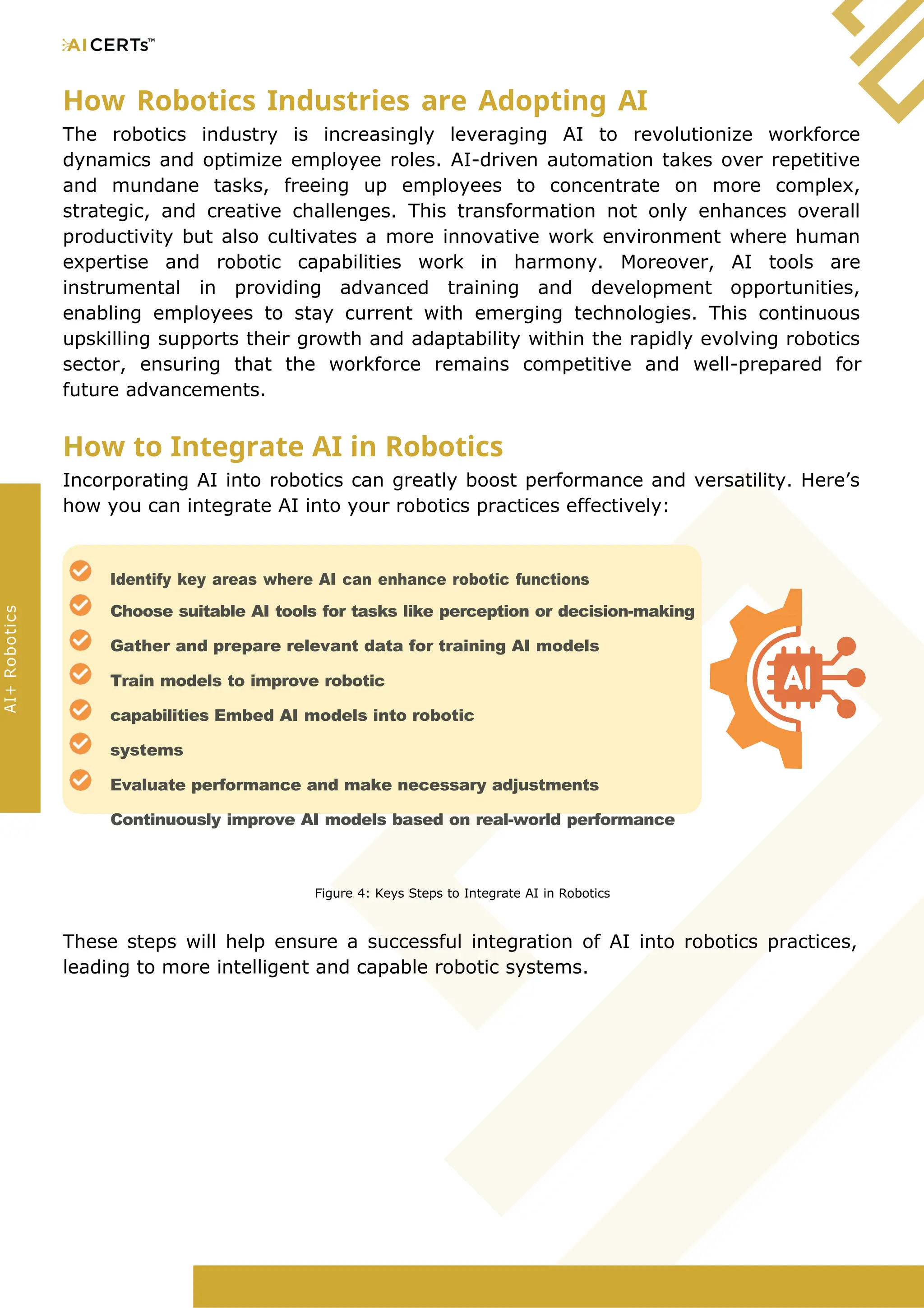 How Robotics Industries are Adopting AI
The robotics industry is increasingly leveraging AI to revolutionize workforce
dynamics and optimize employee roles. AI-driven automation takes over repetitive
and mundane tasks, freeing up employees to concentrate on more complex,
strategic, and creative challenges. This transformation not only enhances overall
productivity but also cultivates a more innovative work environment where human
expertise and robotic capabilities work in harmony. Moreover, AI tools are
instrumental in providing advanced training and development opportunities,
enabling employees to stay current with emerging technologies. This continuous
upskilling supports their growth and adaptability within the rapidly evolving robotics
sector, ensuring that the workforce remains competitive and well-prepared for
future advancements.
How to Integrate AI in Robotics
Incorporating AI into robotics can greatly boost performance and versatility. Here’s
how you can integrate AI into your robotics practices effectively:
Identify key areas where AI can enhance robotic functions
Choose suitable AI tools for tasks like perception or decision-making
Gather and prepare relevant data for training AI models
Train models to improve robotic
capabilities Embed AI models into robotic
systems
Evaluate performance and make necessary adjustments
Continuously improve AI models based on real-world performance
Figure 4: Keys Steps to Integrate AI in Robotics
These steps will help ensure a successful integration of AI into robotics practices,
leading to more intelligent and capable robotic systems.
AI+
Robotics
 