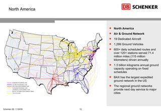 North America Air & Ground Network 19 Dedicated Aircraft  1,299 Ground Vehicles 600+ daily scheduled routes and over 120+ stations served 71.4 million miles (115 million kilometers) driven annually 1.3 billion kilograms annual ground capacity operating on fixed schedules BAX has the largest expedited ground network in the US The regional ground networks provide next day service to major cities N orth America 