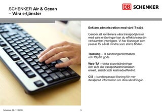 SCHENKER  Air & Ocean  – Våra e-tjänster Enklare administration med vårt IT-stöd Genom att kombinera våra transportjänster  med våra e-lösningar kan du effektivisera din verksamhet ytterligare. Vi har lösningar som  passar för såväl mindre som större flöden. Tracking  – få sändningsinformation  och följ ditt gods. Web-TA  – boka exportsändningar  och sköt din transportadministration  enkelt, snabbt och kostnadseffektivt. CIS  – kundanpassad lösning för mer  detaljerad information om dina sändningar. 