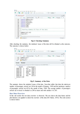 Fig-4: Checking Summary
After checking the summery, the statistical issues of the data will be obtained as the outcome.
The outcome is shown below:
Fig-5: Summary of the Data
The summary shows the statistical issues of the data. Seen that within that data, the minimum
number of passengers arrived are 104 in the month of January, 1949 and the maximum number
of passengers arrived are 622 in the month of June, 1960. The average number of passengers
arrived use to travel is obtained as 280 as mean and with median it is 265.
Raw Data Overview
In this sub section the raw data overview is observed. The raw data is the data frame and the
plot function are applied to check the overview of the data (M. Fukino, 2016). The code section
is shown below:
 