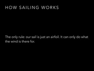 H O W S A I L I N G W O R K S
The only rule: our sail is just an airfoil. It can only do what
the wind is there for.
 