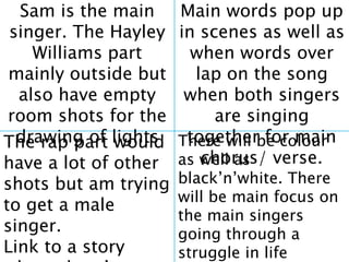 Sam is the main
singer. The Hayley
Williams part
mainly outside but
also have empty
room shots for the
drawing of lights
Main words pop up
in scenes as well as
when words over
lap on the song
when both singers
are singing
together for main
chorus/ verse.
The rap part would
have a lot of other
shots but am trying
to get a male
singer.
Link to a story
There will be colour
as well as
black’n’white. There
will be main focus on
the main singers
going through a
struggle in life
 
