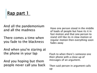 Rap part 1
And all the pandemonium
and all the madness
There comes a time when
you fade to the blackness
And when you're staring at
the phone in your lap
And you hoping but them
people never call you back
Have one person stood in the middle
of loads of people but have its it in
fast motion and that one person to
stand still like its in slow motion or
regular motion then everything soon
fades away
Flash to when there’s someone one
their phone with a close up of
messages of an argument.
Then said person in argument calls
up
 
