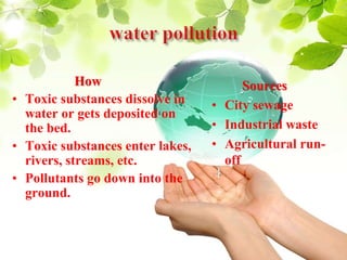 How
• Toxic substances dissolve in
water or gets deposited on
the bed.
• Toxic substances enter lakes,
rivers, streams, etc.
• Pollutants go down into the
ground.
Sources
• City sewage
• Industrial waste
• Agricultural run-
off
 