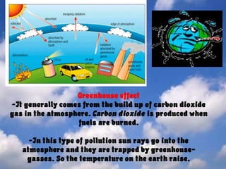 Greenhouse effect-It generally comes from the build up of carbon dioxide gas in the atmosphere. Carbon dioxide is produced when fuels are burned. -In this type of pollution sun rays go into the atmosphere and they are trapped by greenhouse-gasses. So the temperature on the earth raise.