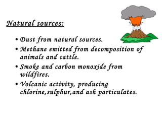 Natural sources: Dust from natural sources. Methane emitted from decomposition of animals and cattle. Smoke and carbon monoxide from wildfires. Volcanic activity, producing chlorine,sulphur,and ash particulates. 
