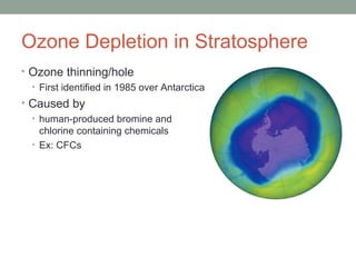 Ozone Depletion in Stratosphere
• Ozone thinning/hole
• First identified in 1985 over Antarctica
• Caused by
• human-produced bromine and
chlorine containing chemicals
• Ex: CFCs
 