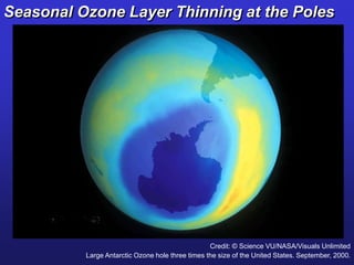 Large Antarctic Ozone hole three times the size of the United States. September, 2000.
Credit: © Science VU/NASA/Visuals Unlimited
Seasonal Ozone Layer Thinning at the Poles
 