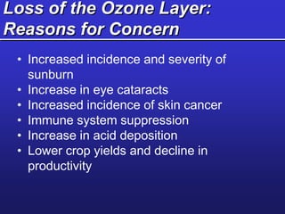 Loss of the Ozone Layer:
Reasons for Concern
• Increased incidence and severity of
sunburn
• Increase in eye cataracts
• Increased incidence of skin cancer
• Immune system suppression
• Increase in acid deposition
• Lower crop yields and decline in
productivity
 