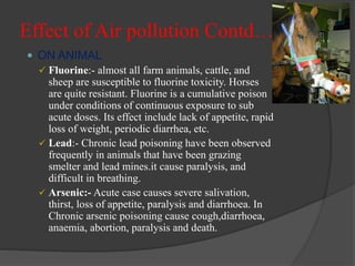 Effect of Air pollution Contd…
 ON ANIMAL
 Fluorine:- almost all farm animals, cattle, and
sheep are susceptible to fluorine toxicity. Horses
are quite resistant. Fluorine is a cumulative poison
under conditions of continuous exposure to sub
acute doses. Its effect include lack of appetite, rapid
loss of weight, periodic diarrhea, etc.
 Lead:- Chronic lead poisoning have been observed
frequently in animals that have been grazing
smelter and lead mines.it cause paralysis, and
difficult in breathing.
 Arsenic:- Acute case causes severe salivation,
thirst, loss of appetite, paralysis and diarrhoea. In
Chronic arsenic poisoning cause cough,diarrhoea,
anaemia, abortion, paralysis and death.
 