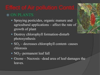 Effect of Air pollution Contd…
 ON PLANTS
 Spraying pesticides, organic manure and
agricultural applications – affect the rate of
growth of plant
 Destroy chlorophyll formation-disturb
photosynthesis
 SO2 – decreases chlorophyll content- causes
chlorosis
 NO2- permanent leaf fall
 Ozone – Necrosis –dead area of leaf-damages the
leaves.
 