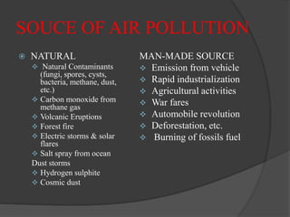 SOUCE OF AIR POLLUTION
 NATURAL
 Natural Contaminants
(fungi, spores, cysts,
bacteria, methane, dust,
etc.)
 Carbon monoxide from
methane gas
 Volcanic Eruptions
 Forest fire
 Electric storms & solar
flares
 Salt spray from ocean
Dust storms
 Hydrogen sulphite
 Cosmic dust
MAN-MADE SOURCE
 Emission from vehicle
 Rapid industrialization
 Agricultural activities
 War fares
 Automobile revolution
 Deforestation, etc.
 Burning of fossils fuel
 