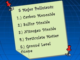 5 Major Pollutants:
5 Major Pollutants:
1..) Carbon Monoxide
2.) Sulfur Dioxide
3.) Nitrogen Dioxide
4.) Particulate Matter
5.) Ground Level
Ozone
 