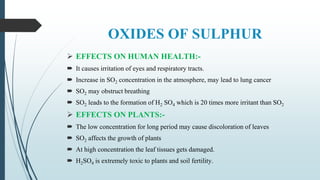 OXIDES OF SULPHUR
 EFFECTS ON HUMAN HEALTH:-
 It causes irritation of eyes and respiratory tracts.
 Increase in SO2 concentration in the atmosphere, may lead to lung cancer
 SO2 may obstruct breathing
 SO2 leads to the formation of H2 SO4 which is 20 times more irritant than SO2
 EFFECTS ON PLANTS:-
 The low concentration for long period may cause discoloration of leaves
 SO2 affects the growth of plants
 At high concentration the leaf tissues gets damaged.
 H2SO4 is extremely toxic to plants and soil fertility.
 