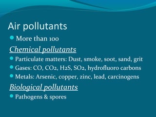 Air pollutants
More than 100
Chemical pollutants
Particulate matters: Dust, smoke, soot, sand, grit
Gases: CO, CO2, H2S, SO2, hydrofluoro carbons
Metals: Arsenic, copper, zinc, lead, carcinogens
Biological pollutants
Pathogens & spores
 
