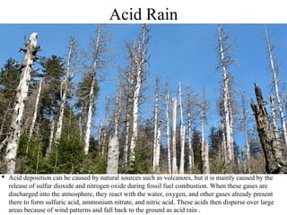 Acid Rain
• Acid deposition can be caused by natural sources such as volcanoes, but it is mainly caused by the
release of sulfur dioxide and nitrogen oxide during fossil fuel combustion. When these gases are
discharged into the atmosphere, they react with the water, oxygen, and other gases already present
there to form sulfuric acid, ammonium nitrate, and nitric acid. These acids then disperse over large
areas because of wind patterns and fall back to the ground as acid rain .
 