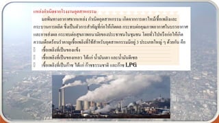 แหล่งกาเนิดจากโรงงานอุตสาหกรรม
มลพิษทางอากาศจากแหล่ง กาเนิดอุตสาหกรรม เกิดจากการเผาไหม้เชื้อเพลิงและ
กระบวนการผลิต ซึ่งเป็นตัวการสาคัญที่ก่อให้เกิดผล กระทบต่อคุณภาพอากาศในบรรยากาศ
และอาจส่งผล กระทบต่อสุขภาพอนามัยของประชาชนในชุมชน โดยทั่วไปหรือก่อให้เกิด
ความเดือดร้อนราคาญเชื้อเพลิงที่ใช้สาหรับอุตสาหกรรมมีอยู่ 3 ประเภทใหญ่ ๆ ด้วยกัน คือ
เชื้อเพลิงที่เป็นของแข็ง
เชื้อเพลิงที่เป็นของเหลว ได้แก่ น้ามันเตา และน้ามันดีเซล
เชื้อเพลิงที่เป็นก๊าซ ได้แก่ ก๊าซธรรมชาติ และก๊าซ LPG
 