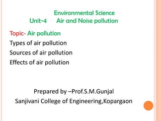 Environmental Science
Unit-4 Air and Noise pollution
Topic- Air pollution
Types of air pollution
Sources of air pollution
Effects of air pollution
Prepared by –Prof.S.M.Gunjal
Sanjivani College of Engineering,Kopargaon
 