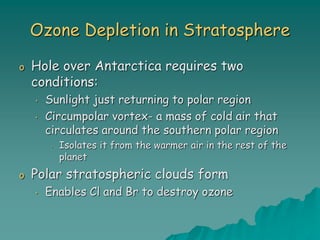 Ozone Depletion in Stratosphere
o Hole over Antarctica requires two
conditions:
• Sunlight just returning to polar region
• Circumpolar vortex- a mass of cold air that
circulates around the southern polar region
• Isolates it from the warmer air in the rest of the
planet
o Polar stratospheric clouds form
• Enables Cl and Br to destroy ozone
 