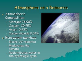 Atmosphere as a Resource
o Atmospheric
Composition
• Nitrogen 78.08%
• Oxygen 20.95%
• Argon 0.93%
• Carbon dioxide 0.04%
o Ecosystem services
• Blocks UV radiation
• Moderates the
climate
• Redistributes water in
the hydrologic cycle
 