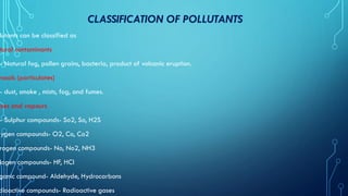 CLASSIFICATION OF POLLUTANTS
lutants can be classified as
atural contaminants
- Natural fog, pollen grains, bacteria, product of volcanic eruption.
rosols (particulates)
- dust, smoke , mists, fog, and fumes.
ases and vapours
- Sulphur compounds- So2, So, H2S
xygen compounds- O2, Co, Co2
rogen compounds- No, No2, NH3
logen compounds- HF, HCl
ganic compound- Aldehyde, Hydrocarbons
dioactive compounds- Radioactive gases
 