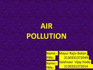 AIR
POLLUTION
Mayur Rajiv Bokan
2130331372049
Vaishnavi Vijay Hode
2130331372014
Name:-
PRN:-
Name:-
PRN:-
 