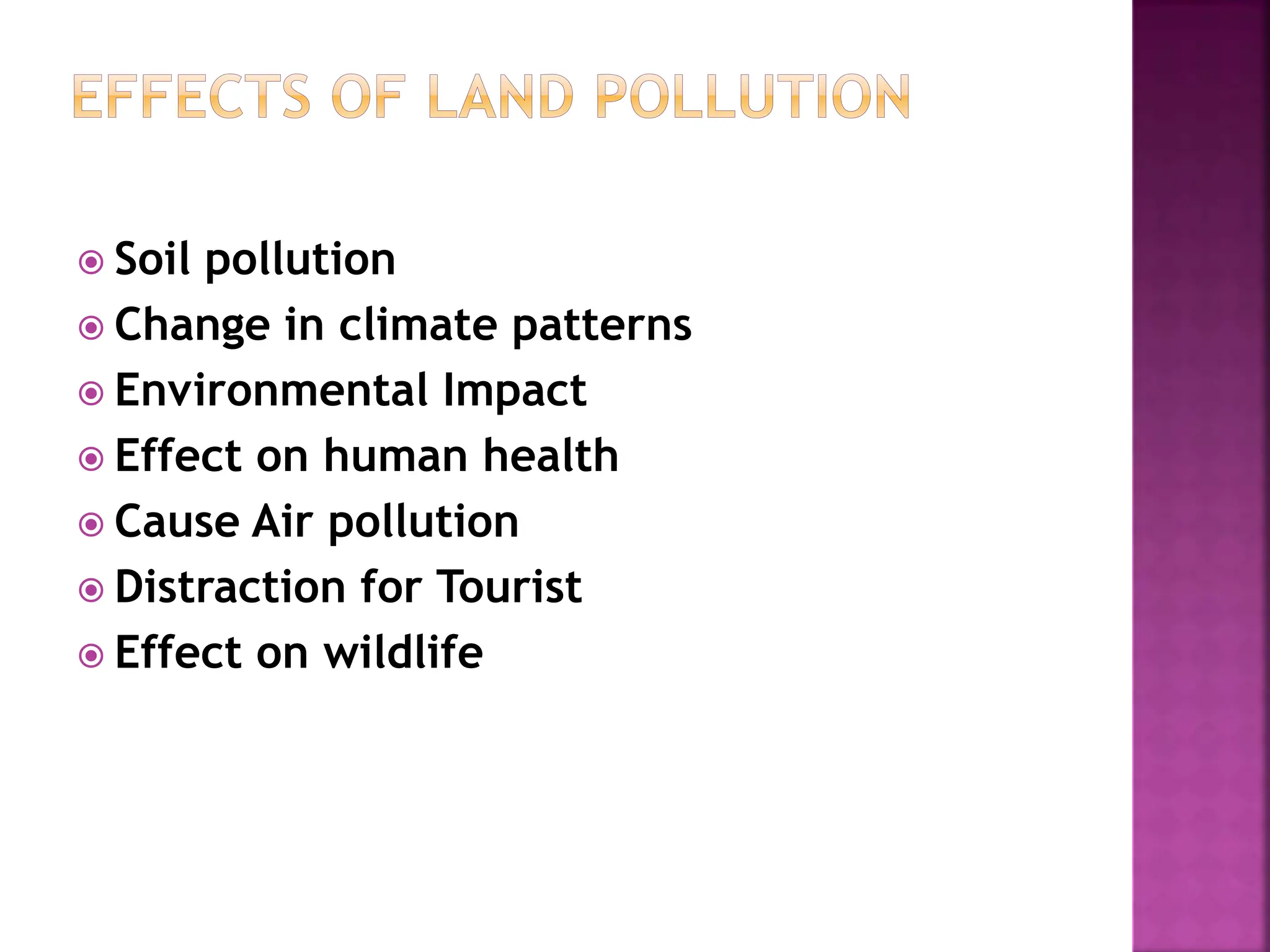  Soil pollution
 Change in climate patterns
 Environmental Impact
 Effect on human health
 Cause Air pollution
 Distraction for Tourist
 Effect on wildlife
 