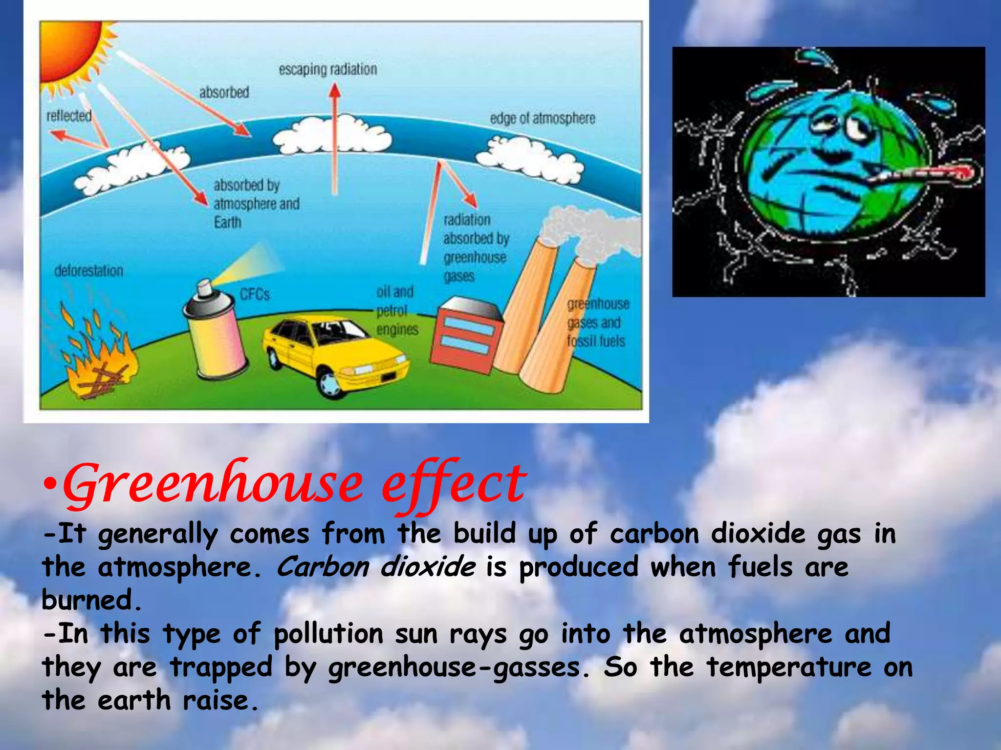 Indoorair pollutionIt’s more dangerous than the outdoor pollution, because we do everything in enclosed environments where air circulation may be restricted. There are many sources of indoor air pollution: tabaccosmoke, cooking and heating appliances, and vapors from building materials.