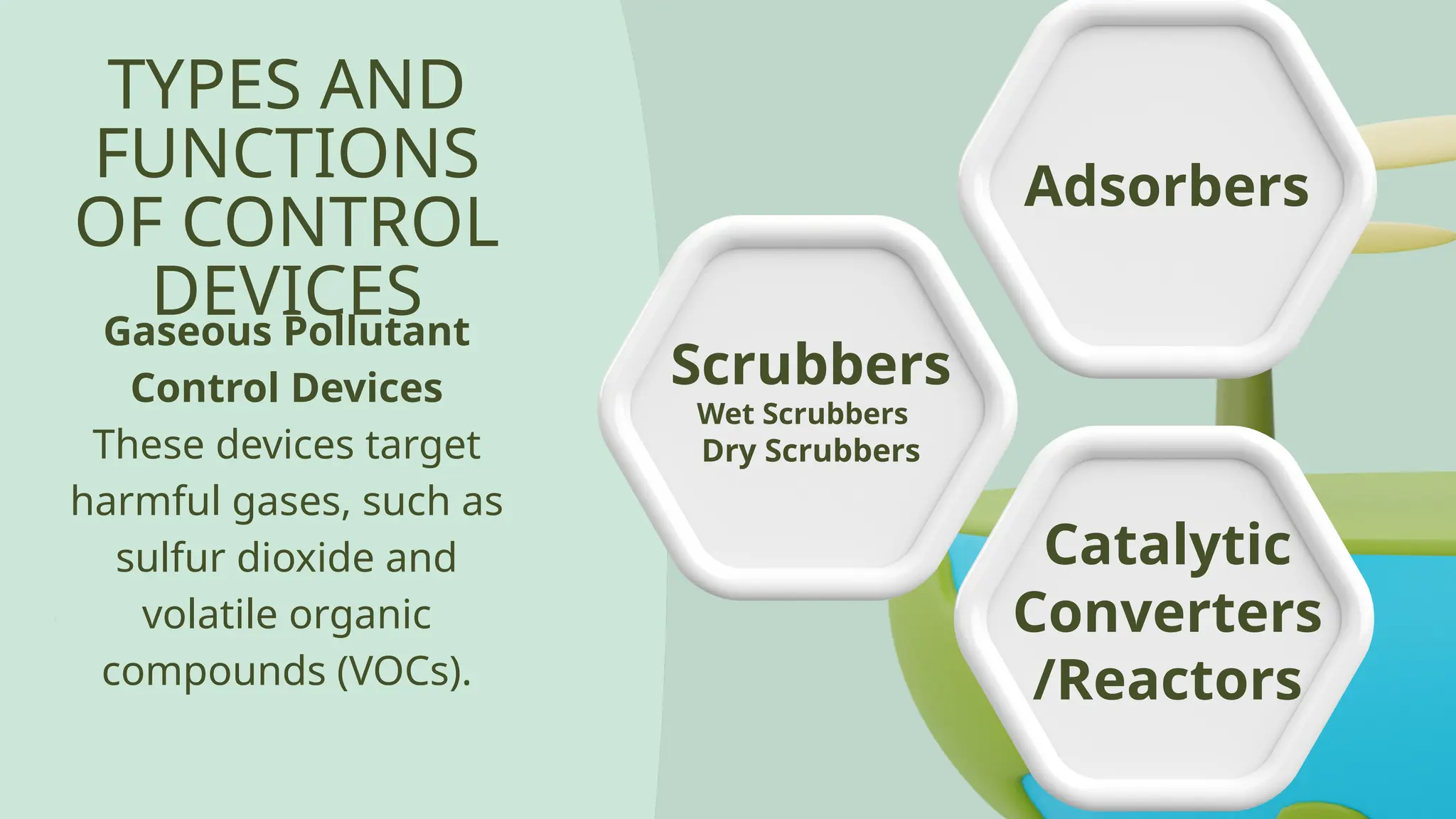 TYPES AND
FUNCTIONS
OF CONTROL
DEVICES
Dry Scrubbers
Scrubbers
Gaseous Pollutant
Control Devices
These devices target
harmful gases, such as
sulfur dioxide and
volatile organic
compounds (VOCs).
Wet Scrubbers
Adsorbers
Catalytic
Converters
/Reactors
 