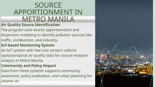 Air Quality Source Identification
The program uses source apportionment and
dispersion modeling to identify pollution sources like
traffic, combustion, and industry.
IoT-based Monitoring System
An IoT system with low-cost sensors collects
spatiotemporal air quality data for source-receptor
analysis in Metro Manila.
Community and Policy Impact
Data from these systems supports community
awareness, policy evaluation, and urban planning for
cleaner air.
SOURCE
APPORTIONMENT IN
METRO MANILA
 