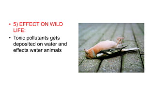 • 5) EFFECT ON WILD
LIFE:
• Toxic pollutants gets
deposited on water and
effects water animals
 