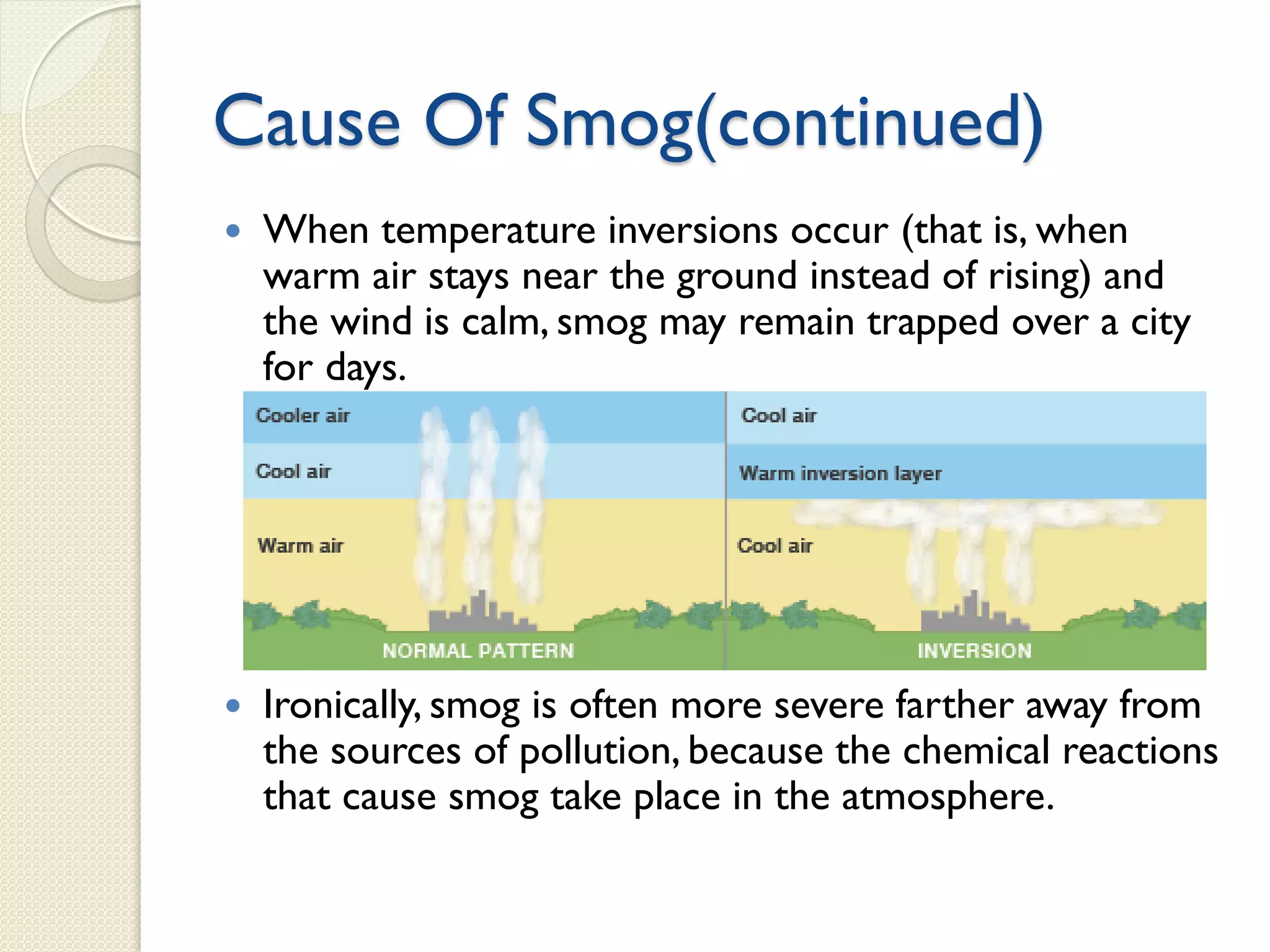 Cause Of Smog(continued)
 When temperature inversions occur (that is, when
warm air stays near the ground instead of rising) and
the wind is calm, smog may remain trapped over a city
for days.
 Ironically, smog is often more severe farther away from
the sources of pollution, because the chemical reactions
that cause smog take place in the atmosphere.
 