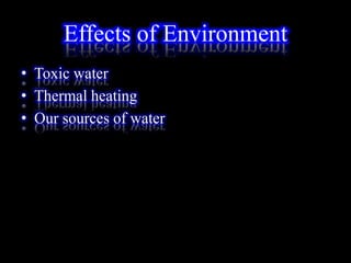 Effects of Environment
• Toxic water
• Thermal heating
• Our sources of water
 
