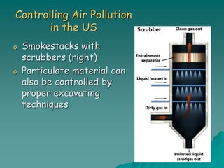 Controlling Air Pollution
in the US
o Smokestacks with
scrubbers (right)
o Particulate material can
also be controlled by
proper excavating
techniques
 