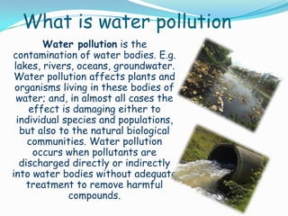 Effects of Water Pollution
 Diseases like Cholera
 Malaria
 Typhoid (spread during the rainy season )
 Aquatic life gets destroyed
 