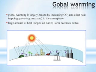 • global warming is largely caused by increasing CO2 and other heat
trapping gases (e.g. methane) in the atmosphere.
• large amount of heat trapped on Earth; Earth becomes hotter.
 
