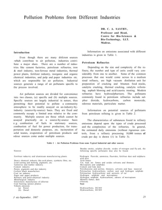 Pollution Problems from Different Industries
DR. C. A. SASTRY,
Professor and Head,
Centre for Bio-Sciences &
Bio-Technology, I.I.T.
Madras.
Introduction
Even though there are many ditfcrent sources
-which contribute to air pollution, industries contri-
bute a major share. There are a number of indus-
tries like cement factories, petroleum refineries, iron
& steel industry, non-ferrous metal industries, thermal
power plants, fertilizer industry, inorganic and organic
chemical industries, and pulp and paper industries etc.
which are responsible lor air pollution. Industrial
sources generate a range of air pollutants specific to
the process involved.
Air pollution sources are divided for convenience
into two classes, (a) specific and (b) multiple sources.
Specific sources are largely industrial in nature, thus
permitting their potential to pollute a community
atmosphere to be readily assayed on an-industry-by-
industry (source-by-source) basis. They are fixed and
commonly occupy a limited area relative to the com-
munity. Multiple sources are those which cannot be
assayed practically on a source-by-source basis
e.g. combustion of fuels in stationary sources,
combustion of fuel for power production, for trans-
portation and domestic purposes, etc. incineration of
solid wastes, evaporation of petroleum products and
odour sources come under multiple sources.
Information on emissions associated with different
industries is given in Table 1.
Petroleum Refineries
Depending on the size and complexity of the re-
finery, the number and type of units could vary con-
siderably from one to another. Some of the common
processes that one would come across in a medium
sized refinery, are high vacuum distilation unit for
preparation of cracking and bitumen food stocks,
catalytic cracking, thermal cracking, catalytic reform-
ing, asphalt blowing and acid/caustic treating. Modern
refineries have hydrosulphurisors. The pollutants
commonly found in petroleum refineries include sul-
phur dioxide, hydrocarbons, carbon monoxide,
odorous materials, particulate matter.
Information on potential sources of pollutants
from petroleum refining is given in Table 2.
The characteristics of substances found in refinery
emissions depend upon the types of crude processed
and the complexities of the refineries. In general,
the estimated daily emissions (without rigourous con-
trols, from a refinery processing 10,000 tonnes of
crude per day is shown (1) in Table 3).
Table 1 : Air Pollution Problems from some Typical Industrial and other sources
Sources
Besides smoke, sulphur dioxide, oxides of nitrogen and fly-ash, the
following specific pollutants may also be found
Fertiliser indus try and aluminium manufacturing plants
Heavy chemical industry like acid plants, synthetic fibre, etc.
Lead casting and melting, pigments, etc.
Tanneries and leather industry
Cement industry
Paints, pigments and dye industry
Carbon black manufacture
Coal tar industry
Paper and paper products
Refinery and pelro-chejnical industry
Metallurgical industry
Electrolytic manufacture of chlorine
Coal burning (power plants)
Vehicle emission
(a) Petrol
(b) Diesel
Hydrogen fluoride, ammonia, fluorides, fertiliser dust and sulphuric
acid mist.
Acid fumes.
Tin, lead, etc. fumes and oxides solvents and thinners.
Mercaptans and sulphides
Cement and lime dust
Nitrobenzene and aniline, thinners, solvents and base material
Polynuclear hydrocarbons, carbon soot and hydrogen sulphide
Polynuclear hydrocarbons and aerosols of tar
Hydrogen sulphide and mercaptans
Hydrogen sulphide, hydrocarbons, odours of mercaptans
Metallic fumes, dust
Chlorine
Soot
Hydrocarbons, H C H O
Hydrocarbons, H C H O
J uty-September, 1987 25
 