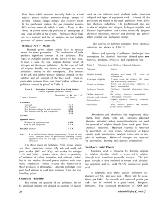 lions from which ammonia normally leaks in a total
recycle process include ammonia charge pumps, re-
covered solution charge pumps and recovery tower.
In the gasification section, the gas produced contains
46% carbon monoxide which is toxic. There is like-
lihood of carbon monoxide pollution of atmosphere if
any leaks develop in the system. Normally these leaks
are very nominal and the air samples do not indicate
presence of carbon monoxide.
Thermal Power Plants
Thermal power plants utilise fuel to produce
steam for power generation. The combustion of fuels
produce significant amount of air pollutant. The
types of pollutant depend on the nature of fuel used.
If coal is used, fly ash, sulphur dioxide, oxides of.
nitrogen are the major pollutants. In the case of fuel
oil sulphur dioxide, and oxides of nitrogen are major
pollutants emitted to the atmosphere. The amount
of fly ash and sulphur dioxide released depend on the
sulphur and ash content of the fuel used. Data on
particulate emission from coal fired boilers without air
pollution control is given6
in Table 8.
Table 8 : Particulate Emission from Coal Fired Boilers
(without rigorous pollution control)
Particulate in kg per t of
Types of furnaces coal burnt
Pulverised
General
Dry bottom
Wet bottom without fly ash reinjection
Wet bottom with fly ash reinjection
Cyclone
Spreader stoker
Without fly ash reinjection
with fly ash reinjection
All other stockers
7.3 A
7.8 A
6.OA
10.8A
0.9A
6. OA
9.1A
2.3 A
Note : A is multiplication factor representing % ash in coal
values represent mass of particulates reaching control
equipment used on this type of furnace; they are not
emissions.
The three major air pollutants from power station
are thus: particulate matter (fly ash and soot), sul-
phur oxides (SO^ and SOH) and oxides for nitrogen
(NO and NOu). Besides, these, there is possibility
of emission of carbon monoxide and unburnt carbon;
but in the modern thermal power stations with auto-
matic combustion control system, the formation of
these products is eliminated. Another pollutant from
coal fired stations is coal dust emission from the coal
handling plant.
Chemical Industries
The nature and quantity of air pollutants let out
by chemical industry will depend on number of factors
such as raw materials used, products made, processes
adopted and types of equipment used. Almost all the
pollutants are traced in the stack emissions from diffe-
rent chemical industries. The predominant ones are
oxides of sulphur and nitrogen, hydrogen sulphide and
fluoride, hydrocarbons and carbon monoxide (organo
chemical industries), mercury and chlorine gas (chlor-
alkali plants) and particulate matter.
The sources of different pollutants from chemical
industries are shown in Table 9.
Nature and quantity of pollutants discharged into
atmosphere by chemical industries depend upon raw
material, products, processes and equipment use.
Table 9 : Pollutants from Different Chemical Industries
Pollutant Source
Sulphur dioxide
Hydrogen sulphide
Oxides of nitrogen
Hydrogen fluoride
Carbon monoxide
Mercury and chlorine
Hydrocarbons
Particulates
Sulphuric acid plant, CS., plant, oil
refineries etc.
Viscose rayon, oil refinery, CS» plant,
dye manufacture, tanneries.
Nitric acid manufacture, explosive in-
dustry, automobiles.
Fertilisers, chemical, aluminium indus-
try.
Oil refinery, furnaces, automobiles.
Chloroalkali industries.
Organic chemical industry, refineries,
automobiles.
Mine quarries, pottery and ceramic,
power station, cement.
Absorbents and adsorbents like magnesium oxide
slurry, lime slurry, soda ash, ammonia alkalised
alumina, activated carbon, monoethanolamine are used
for removal of sulphur dioxide from stack gases from
chemical industries. Hydrogen sulphide is removed
by adsorption on iron oxides, absorption in liquid
caustic soda, combustion, catalytic conversion to sul-
phur or scrubbers. Oxides of nitrogen are removed
by adsorption, burning and catalytic combustion.
Sulphuric Acid Plants
Sulphuric acid is produced by burning sulphur
to sulphur dioxide, which is converted to sulphur
trioxide over vanadium pentoxide catalyst. The sul-
phur trioxide is then absorbed in towers with circulat-
ing sulphuric acid to yield 98.5% commercial grade
acid.
In sulphuric acid plants usually pollutants dis-
charged are S02 and acid mist. There will be occa-
sional gas leaks. In normally well operated plants gas
leaks can be avoided to a great extent. Frequent
fertilizers. The estimated production of P2O5 and
28 Industrial Safety C,./onic!f
 