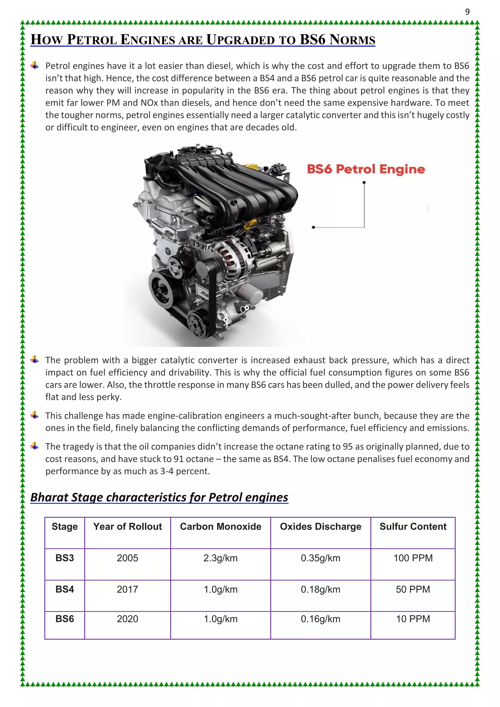 9
HOW PETROL ENGINES ARE UPGRADED TO BS6 NORMS
Petrol engines have it a lot easier than diesel, which is why the cost and effort to upgrade them to BS6
isn’t that high. Hence, the cost difference between a BS4 and a BS6 petrol car is quite reasonable and the
reason why they will increase in popularity in the BS6 era. The thing about petrol engines is that they
emit far lower PM and NOx than diesels, and hence don’t need the same expensive hardware. To meet
the tougher norms, petrol engines essentially need a larger catalytic converter and this isn’t hugely costly
or difficult to engineer, even on engines that are decades old.
The problem with a bigger catalytic converter is increased exhaust back pressure, which has a direct
impact on fuel efficiency and drivability. This is why the official fuel consumption figures on some BS6
cars are lower. Also, the throttle response in many BS6 cars has been dulled, and the power delivery feels
flat and less perky.
This challenge has made engine-calibration engineers a much-sought-after bunch, because they are the
ones in the field, finely balancing the conflicting demands of performance, fuel efficiency and emissions.
The tragedy is that the oil companies didn’t increase the octane rating to 95 as originally planned, due to
cost reasons, and have stuck to 91 octane – the same as BS4. The low octane penalises fuel economy and
performance by as much as 3-4 percent.
Bharat Stage characteristics for Petrol engines
Stage Year of Rollout Carbon Monoxide Oxides Discharge Sulfur Content
BS3 2005 2.3g/km 0.35g/km 100 PPM
BS4 2017 1.0g/km 0.18g/km 50 PPM
BS6 2020 1.0g/km 0.16g/km 10 PPM
 