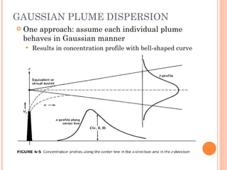 GAUSSIAN PLUME DISPERSION One approach: assume each individual plume behaves in Gaussian manner Results in concentration profile with bell-shaped curve 