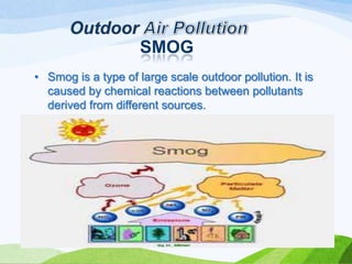SMOG
• Smog is a type of large scale outdoor pollution. It is
caused by chemical reactions between pollutants
derived from different sources.

 