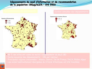 Dépassements du seuil d’information et de recommandation
de la population 180µg/m3/h – été 2003
Durées cumulées des dépassementsNb d’évènements de dépassement
• 86 % des sites ont connu au moins 1 dépassement du seuil 180
• Durée moyenne des dépassements : 34h par capteur,
• Principales régions concernées : Alsace, Centre, Ile de France, PACA, Rhône Alpes
• Les zones habituellement épargnées du littoral Atlantique ont été touchées
 